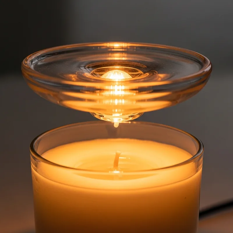 Lampe chauffe-bougie allumée qui fait fondre une bougie, lueur ambrée